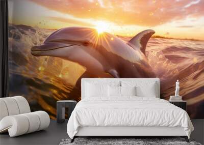 Illustration of couple dolphins swimming underwater shot Wall mural