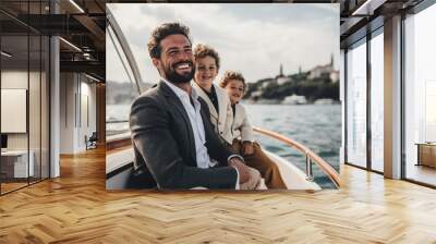 Illustration of elegant father with sons sailing Wall mural