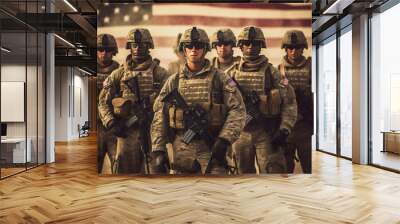 Illustration of group of us army soldiers over us flag Wall mural