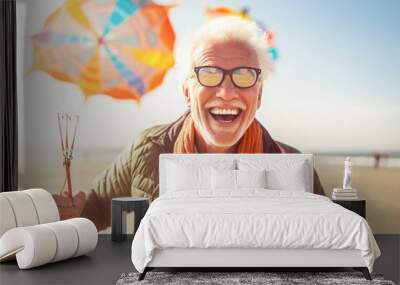 Illustration of male mature senior with kite on beach Wall mural