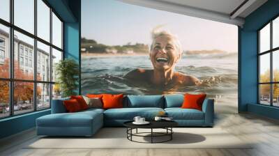 Illustration of mature senior woman in the sea Wall mural