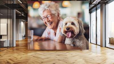 Illustration of senior retired woman with dog in restaurant Wall mural