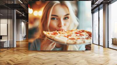 Photo of attractive blonde woman with love to food italian pizza Wall mural