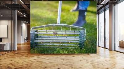 Picture of grass aerator on the green lawn Wall mural