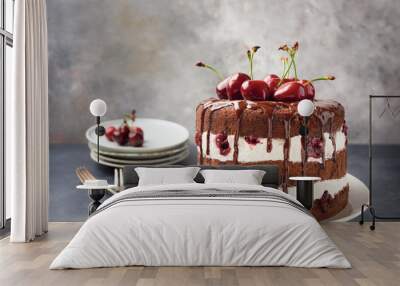 Black Forest Cake in modern way with fresh cherries. Copy space. Schwarzwald Torte. Wall mural