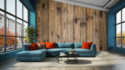 close up of wall made of wooden planks. Wood background. Copy space  Wall mural