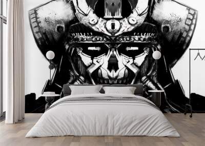 Terrifying cyber samurai wearing a high-tech oni mask with wires and a black helmet, his eyes glow with white light. 2D illustration  Wall mural