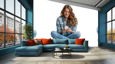 Set of Caucasian woman in casual attire sitting on the floor, looking delighted by something on her phone screen isolated on a transparent background  Wall mural