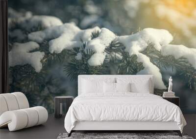 Fir branch in snow background 2 Wall mural