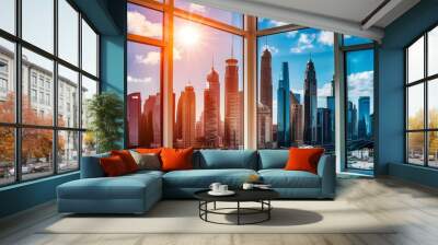 Modern Skyline Through Large Windows - Clear Daylight Cityscape View. Wall mural