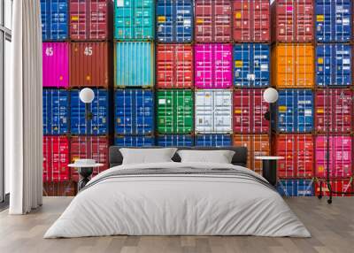 Abstract texture and background stack of freight cargo shipping containers at the docks, Stack of containers box in a container ship cargo boat. Wall mural