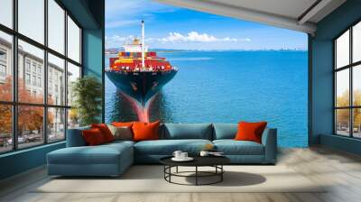 Aerial side view container ship carrying container in import export business logistic and transportation of international by container ship in the open sea, with copy space. Wall mural