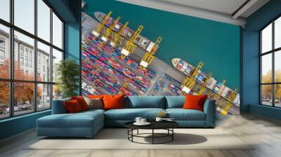 Aerial view cargo ship terminal, Unloading crane of cargo ship terminal, Aerial view industrial port with containers and container ship. Wall mural