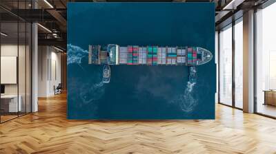 Aerial view container cargo ship  at commercial sea port, Global business logistic import export transportation international by container cargo ship, Container cargo ship freight shipping at night. Wall mural