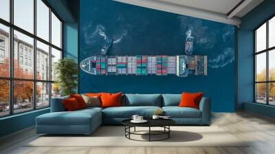 Aerial view container cargo ship  at commercial sea port, Global business logistic import export transportation international by container cargo ship, Container cargo ship freight shipping at night. Wall mural