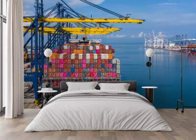 Aerial view container cargo ship in import export global business commercial trade logistic transportation of international by container cargo ship, Container cargo freight shipping at industrial port Wall mural