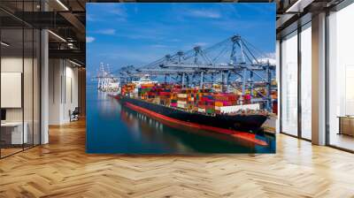 Aerial view container cargo ship in import export global business commercial trade logistic transportation of international by container cargo ship, Container cargo freight shipping at industrial port Wall mural