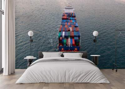 Aerial view container cargo ship sea freight shipping, Global business industry import export logistic transportation international by container cargo ship, Container cargo ship commercial freight. Wall mural