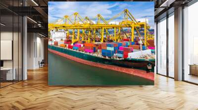 Aerial view container ship, import export commerce global business trade logistic and transportation of International by container ship boat, Cargo freight shipping maritime sea port terminal. Wall mural