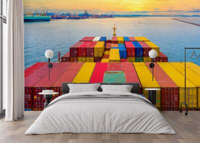 Aerial view container ship arriving industrial terminal seaport, Global transport cargo ship logistic business import and export, Container cargo vessel industry freight shipping company commercial. Wall mural