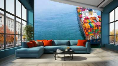 Aerial view container ship carrying container box global business cargo freight shipping commercial trade logistic and transportation oversea worldwide container vessel, Container cargo freight ship. Wall mural