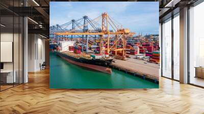 Aerial view container ship import export commercial global business trade logistic and transportation of International by container cargo ship boat, Freight shipping vessel maritime sea port terminal. Wall mural