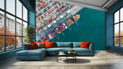 Aerial view container ship in port at container terminal port, Ship of container ship stand in terminal port on loading, unloading container, Commercial cargo ship in sea port. Wall mural