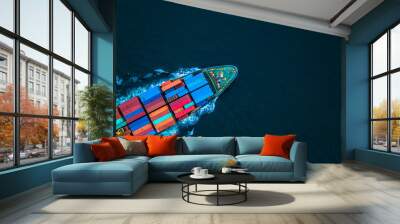 Aerial view from drone, Container ship or cargo shipping business logistic import and export freight transportation by container ship in open sea, Container loading cargo freight ship boat. Wall mural