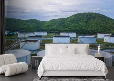 Aerial view of large fuel storage tanks at oil refinery industrial zone, White oil storage tanks farm. Wall mural