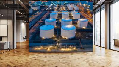 Aerial view oil and gas terminal storage tank farm,Tank farm storage chemical petroleum petrochemical refinery product, Business commercial trade fuel and energy transport by tanker vessel. Wall mural