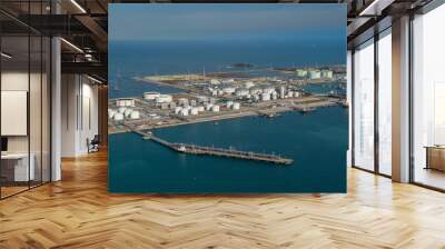 Aerial view oil tertminal storage tank, White oil tank storage chemical petroleum petrochemical refinery product at oil terminal, Business commercial trade fuel energy transport by tanker ship vessel. Wall mural