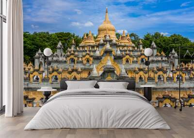 Aerial view sandstone pagoda in Wat Pa Kung Temple, Wat Prachakom Wanaram, Roi Et, Thailand. Wall mural