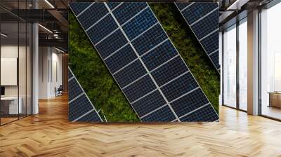 Aerial view solar cell panels farm power plant, Solar cell panels farm power plant eco technology alternative sustainable resources and renewable energy, Solar panel environment friendly. Wall mural