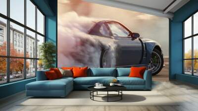 Car drifting, Blurred  image diffusion race drift car with lots of smoke from burning tires on speed track. Wall mural