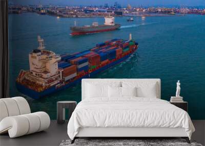 Cargo freight ship carrying container box for import and export business logistic and transportation by cargo ship in open sea, Aerial view. Wall mural