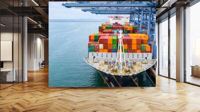 Container cargo freight ship terminal, Unloading crane of cargo ship terminal business, Industrial port with commercial container box and container ship boat in China. Wall mural