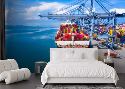 Container cargo ship at industrial commercial port in import export, China boat business commerce logistic and transportation of international by container cargo ship in the open sea, Aerial view. Wall mural