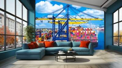 Container cargo ship at industrial port in import export global business worldwide logistic and transportation, Container ship unloading freight shipping, Container cargo vessel freight ship. Wall mural