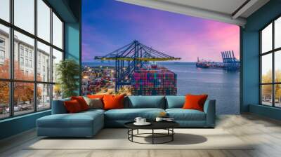 Container cargo ship at industry sea port, import export commerce global business trade logistic and transportation oversea worldwide by container cargo vessel ship boat, Freight shipping maritime. Wall mural