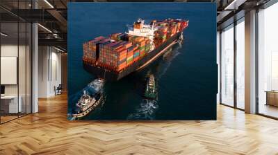 Container cargo ship business commercial trade import export logistic transportation container box oversea worldwide by container vessel boat freight shipping maritime with tugboat. Wall mural