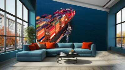 Container cargo ship business commercial trade import export logistic transportation container box oversea worldwide by container vessel boat freight shipping maritime with tugboat. Wall mural