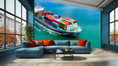 Container ship in seaport terminal, Container cargo vessel freight shipping company commercial worldwide, Freight transportation ship, Global transport cargo and logistic business import and export. Wall mural