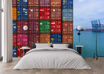 Container ship loading and unloading in deep sea port, Aerial top view of business logistic import and  export freight  transportation by container ship in open sea. Wall mural