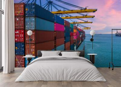 Container ship unloading crane ship seaport, Global business logistic import export freight shipping transportation worldwide container ship, Container vessel loading cargo cargo freight ship. Wall mural