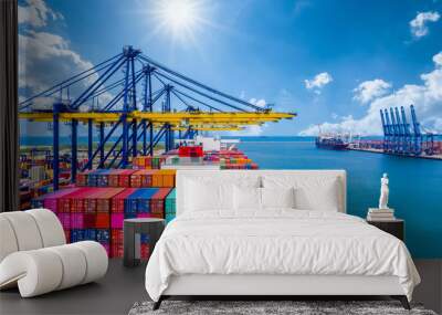 Container ship unloading in deep sea port, Global business logistic import export freight shipping transportation oversea worldwide by container ship open sea, Container vessel loading cargo freight. Wall mural