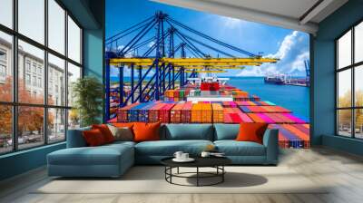 Container ship unloading in deep sea port, Global business logistic import export freight shipping transportation oversea worldwide by container ship open sea, Container vessel loading cargo freight. Wall mural