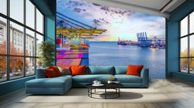 Container ship unloading in deep sea port, Global business logistic import export freight shipping transportation oversea worldwide container ship, Container vessel loading cargo cargo freight ship. Wall mural