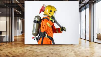 Fireman fire fighter with axe on white background, Rescue firefighter man, Firefighter wearing full equipment, oxygen mask, and an axe. Wall mural