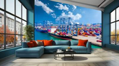 Global transport cargo and logistic business import and export, Container ship in seaport terminal, Container cargo vessel freight shipping company commercial worldwide, Freight transportation ship. Wall mural