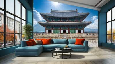 Gyeongbok palace in Seoul City, Gyeongbokgung palace landmark of Seoul, South Korea, Korean wooden traditional house in Gyeongbokgung the main royal palace of Joseon dynasty. Wall mural